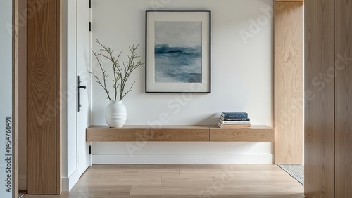 Minimalist interior with wooden accents and modern art