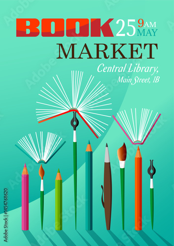 Book store or market poster design. Book lover, bookstore, library, reading concept.