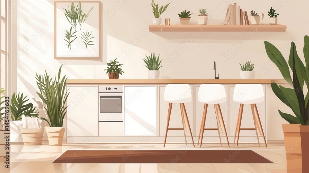 Fototapeta premium Pouf and brown rug near white cupboard in natural dining room interior with white chairs, plants and wooden shelves illustration , no logos, no brands