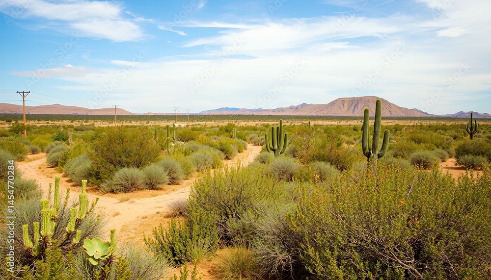 Naklejka premium Desert landscape with cacti and scrub