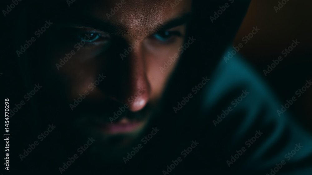 Fototapeta premium Mysterious Man in Shadows Intense Focus on Computer Work