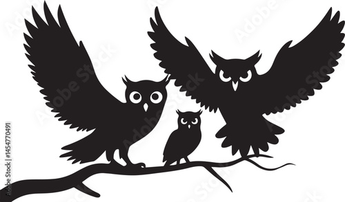 A white background vector illustration showing a group of owl silhouettes with wide-open eyes, all looking to the left in varying sizes and placements