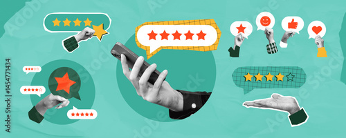 Obraz na plátně Collage of customer rating icons and feedback symbols including stars, thumbs up, and happy faces on teal background with phone and hands holding signs