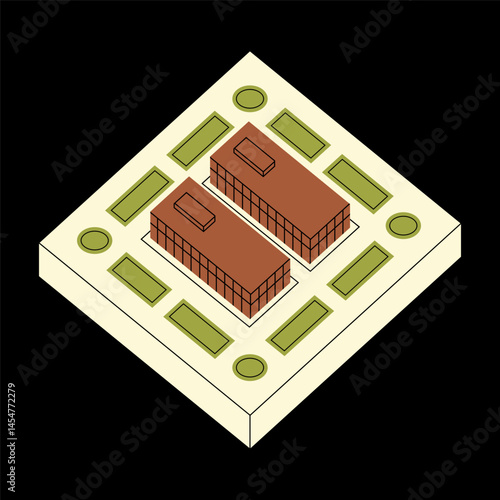 Vector illustration of an architectural scale model of a modern house including surrounding landscape elements. Ideal for use in real estate marketing, architecture firm branding etc.