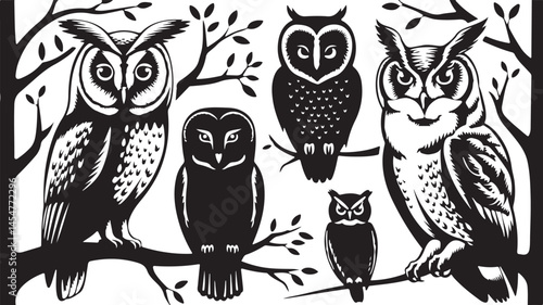 A white background vector illustration displaying a group of owl silhouettes with their wide eyes open, looking to the left, each in unique sizes