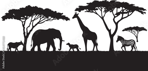 A silhouette illustration of African safari animals including a giraffe, zebra, elephant, and lion, set against a white background with trees in the background