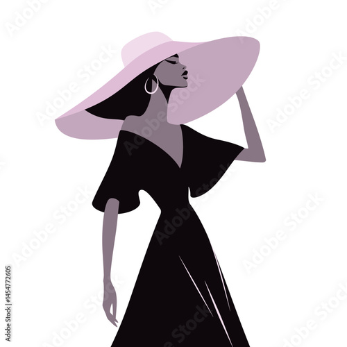 Elegancka kobieta w długiej sukni i szerokim kapeluszu. Minimalistyczna ilustracja high fashion. Kobiecy profil w stylu retro.