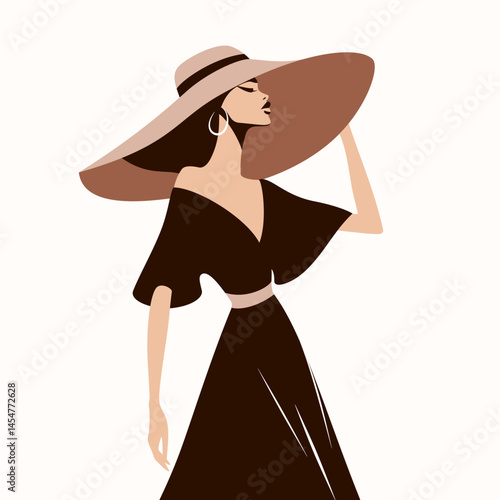 Elegancka kobieta w długiej sukni i szerokim kapeluszu. Minimalistyczna ilustracja high fashion. Kobiecy profil w stylu retro.