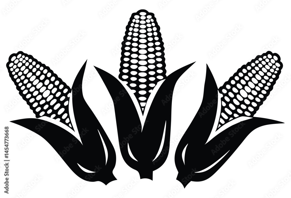 Fototapeta premium Black and White Illustration of Three Corn Cobs with Partially Peeled Husks – Bold Agricultural Graphic Design 