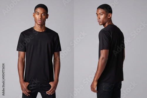 Stylish young man wearing casual black t-shirt in front and back view for fashion lookbook or apparel design concepts