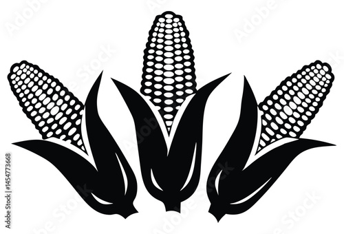 Black and White Illustration of Three Corn Cobs with Partially Peeled Husks – Bold Agricultural Graphic Design  