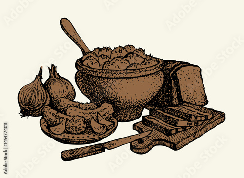 Vector still life. Traditional Slavic food: potatoes in a clay pot