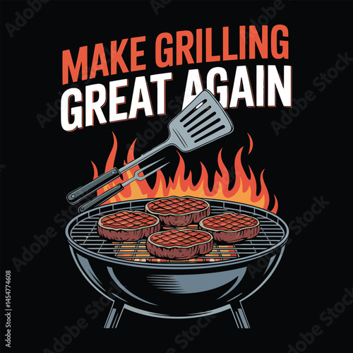 Vintage-style t-shirt design with chrome barbecue grill and sizzling steaks on black background