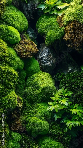 Peaceful moss garden view in sunny landscape