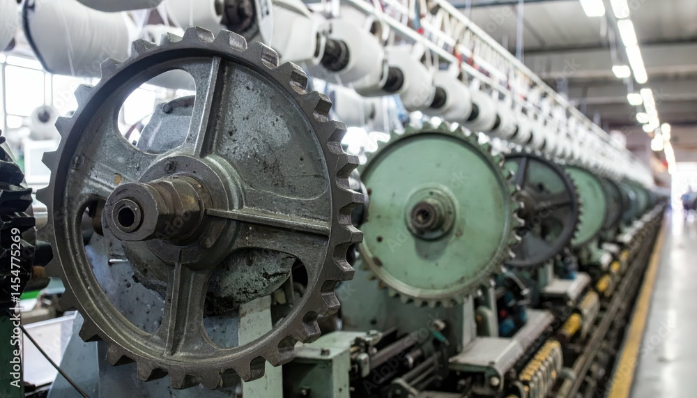 Fototapeta premium Industrial Gear Mechanism in Textile Factory Processing Machinery