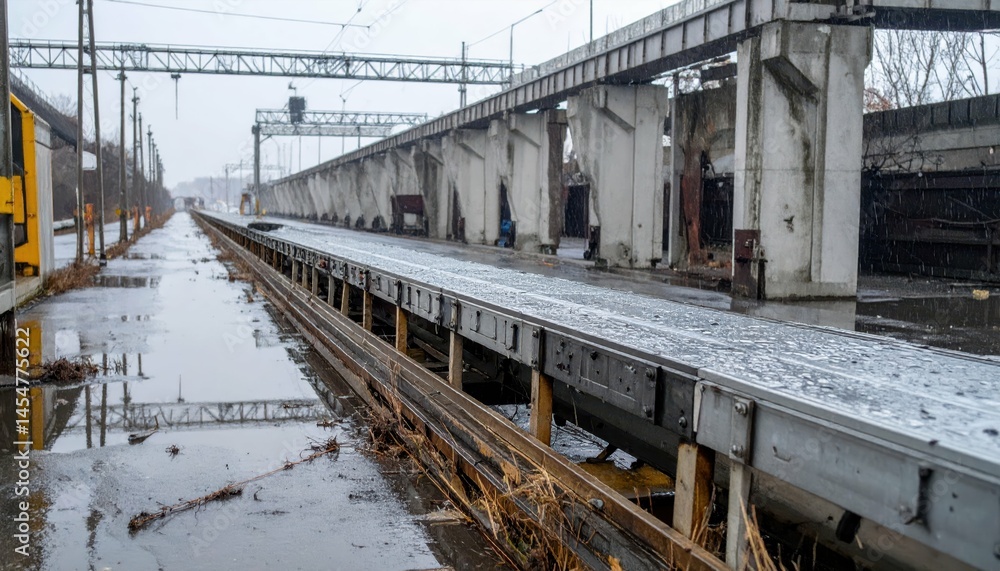 Fototapeta premium Abandoned Train Station with Wet Platform and Overcast Sky