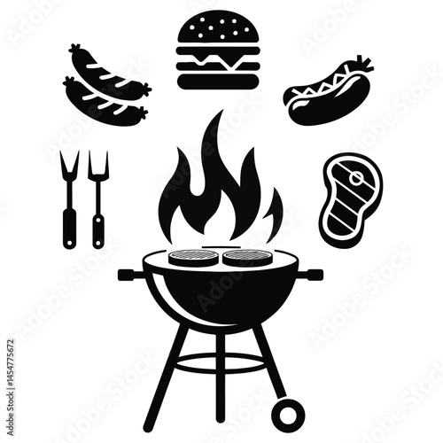 Minimalist black and white vector icons of barbecue essentials for cookout and outdoor dining themes