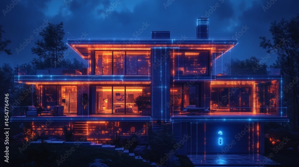 Obraz premium Modern dwelling with glowing edges at twilight, illuminated interior and garage door access, surrounded by nature on a transparent background, PNG image, PNG file.