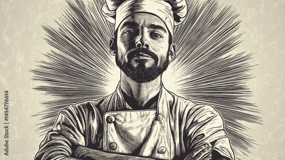 Obraz premium Artisan chef displaying confidence in a vintage engraving style for culinary-themed projects