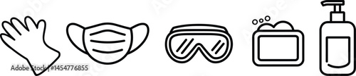 Personal protection equipment icons. Medical mask, latex gloves, soap, dispenser, protective glasses, vector illustration.