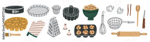 A set of various baking utensils — metal and silicone molds and other necessary tools. Perfect for recipe blogs, kitchenware catalogs, cooking magazines or bakery product packaging design.