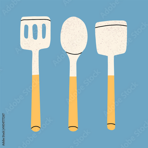 Vector illustration set of plastic spatulas and a spoon for cooking. For kitchenware catalogs, cooking blogs, recipe books or culinary school promotional materials.