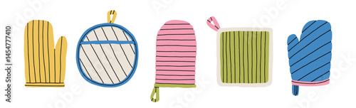 Set with different potholders. For kitchen-themed designs, cookbook and advertising materials, cooking blogs and prints. Quilted fabric, different shapes and patterns. Vector illustration. 