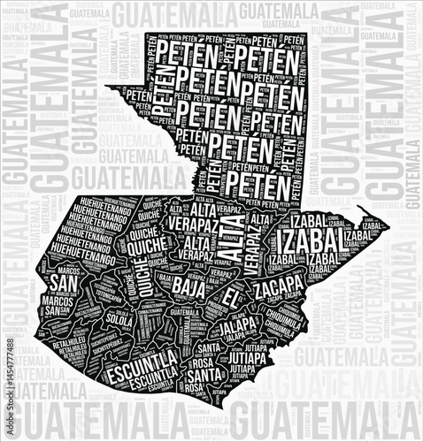 Guatemala regions map word cloud. Guatemala region names. Black and white map design. Modern vector illustration.