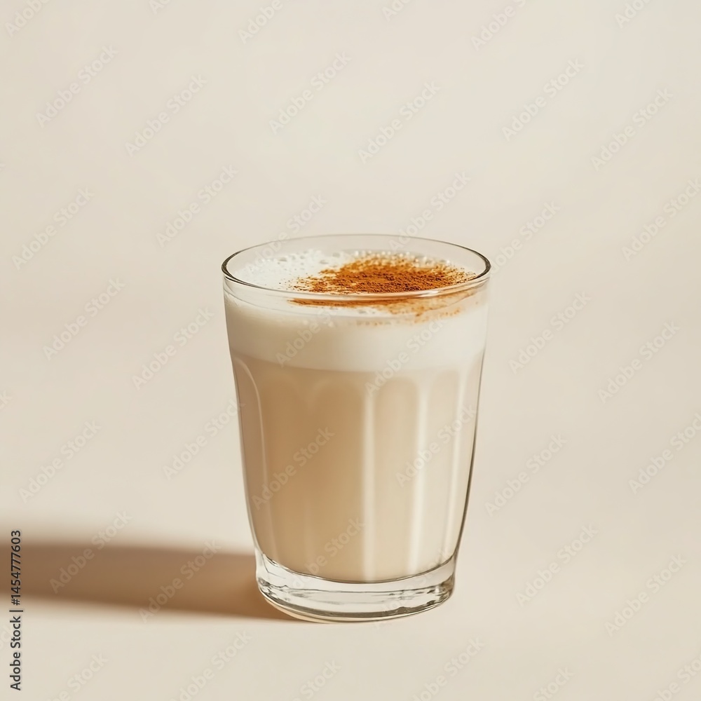 A milk-based drink topped with cinnamon powder on a plain background. A milk-based drink topped with cinnamon powder on a plain background.