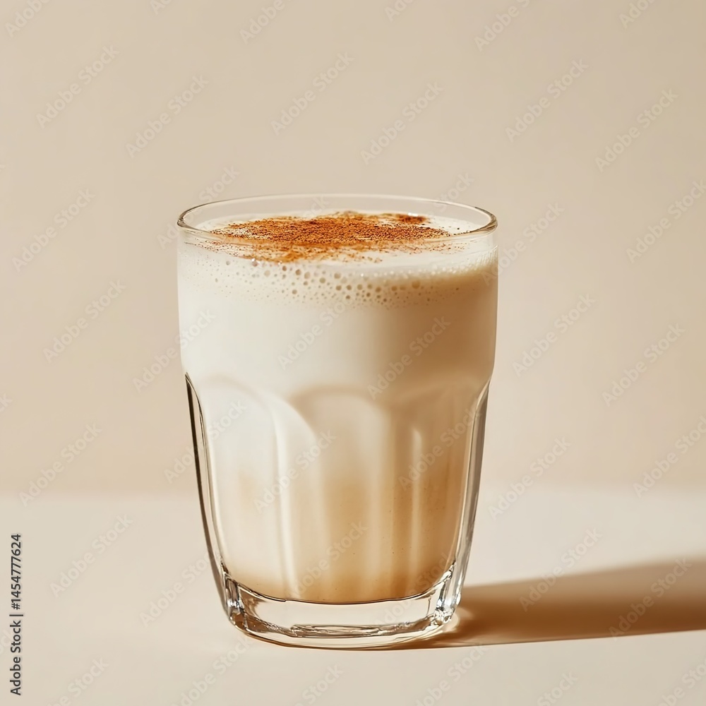 A milk-based drink topped with cinnamon powder on a plain background. A milk-based drink topped with cinnamon powder on a plain background.