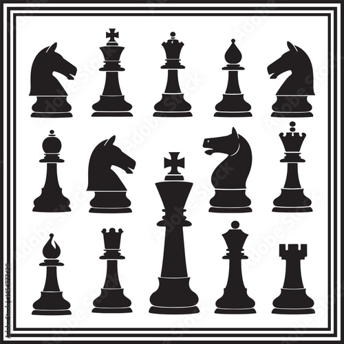 Complete Chess Piece Set Silhouettes – Black Vector Icons of Kings, Queens, Bishops, Knights, Rooks, and Pawns