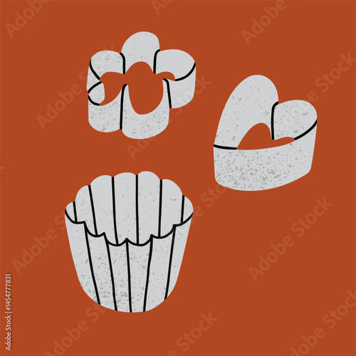 Vector illustration with baking molds — a muffin pan and cookie cutters . Perfect for baking blogs, recipe books, kitchenware catalogs and promotional materials.