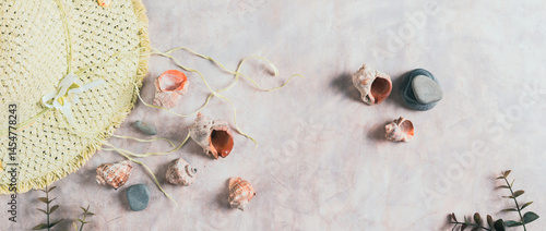 Obraz na płótnie Travel background, hat, shells, stones and branches top view web banner w salonie