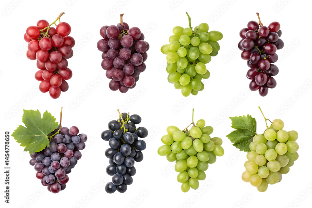 A variety of grape bunches in different colors arranged on a black background for comparison purposes A variety of grape bunches in different colors arranged on a black background for comparison purposes