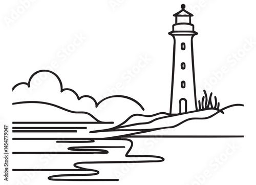 Coastal Lighthouse Illustration Single Line Art with Ocean View