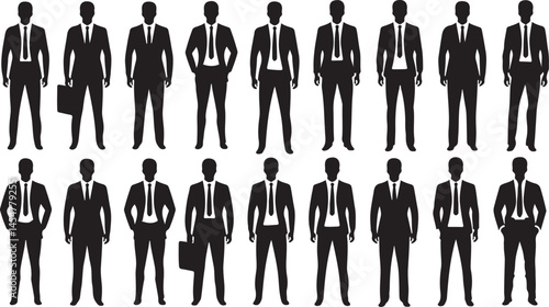 A collection of different silhouette poses of a male body in business attire, isolated and set against a white background, ideal for professional settings