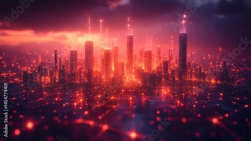 Wallpaper Mural Vibrant metropolis during twilight, featuring glowing skyscrapers and illuminated cityscape at dusk, futuristic urban environment on a transparent background, PNG image, PNG file. Torontodigital.ca