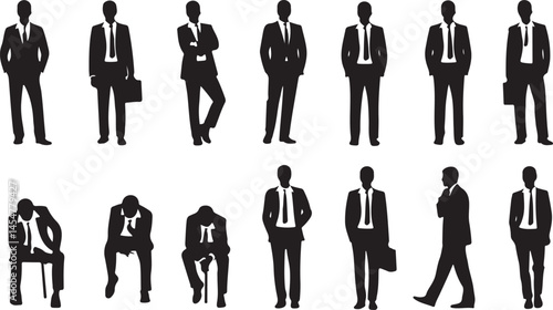 A collection of different silhouette poses of a male body in business attire, isolated and set against a white background, ideal for professional settings