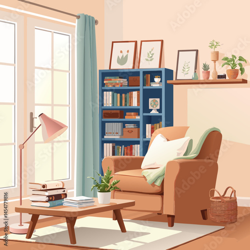 An Illustrated Scene of a Comfortable Armchair, Full Bookshelf, and Warm Lighting in a Bright Room.