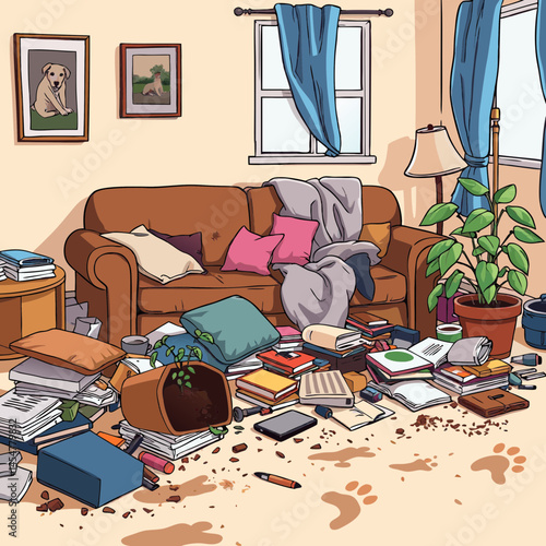 The Unfolding Scene of a Very Messy Living Room, Featuring Scattered Belongings, Spilled Potting Soil, and Tell-Tale Footprints.