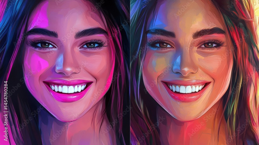 Obraz premium beauty and dental health concept - beautiful woman with white teeth, before and after illustration , no logos, no brands