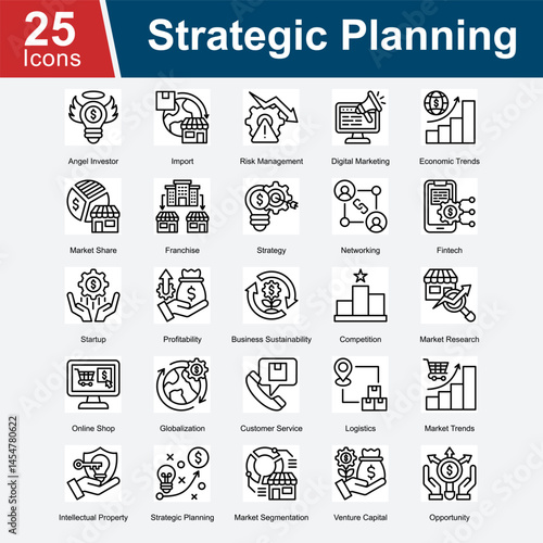 Strategic Planning is a collection of icons highlighting key elements in business strategy, including investment, risk, competition, growth, marketing, and long-term vision for success. 