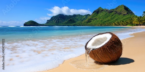 Wallpaper Mural Tropical beach scene with a coconut on the shore. Torontodigital.ca