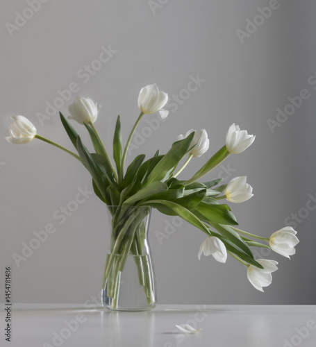 Obraz na płótnie white tulips in glass vase in white interior w salonie
