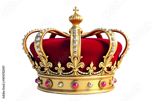 Elegant, luxurious gold and red crown isolated on a white or transparent PNG background.