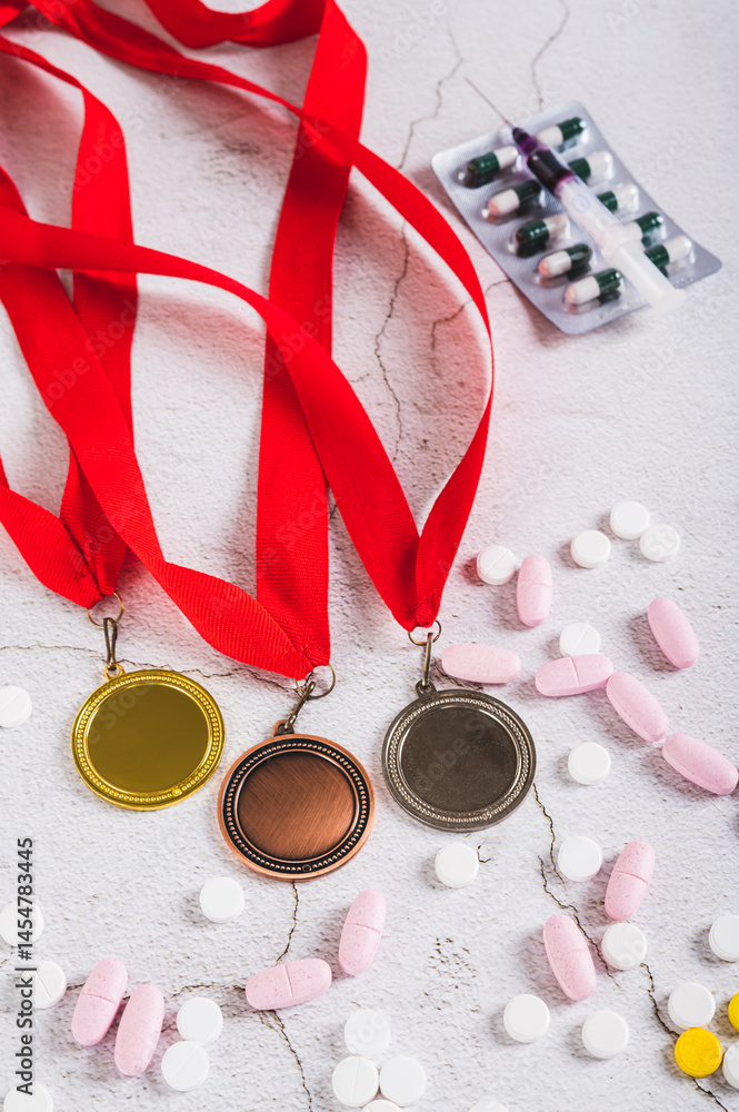 Pill and injections for doping athletes on a light background vertical view