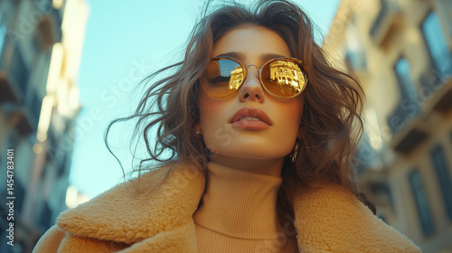Woman wearing stylish gold sunglasses reflecting urban architecture in bright sunshine. Young adult with wavy hair and cozy coat experiencing city exploration on sunny day with clear blue sky
