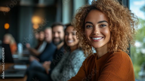 Multiracial business team in modern office with focus on smiling Black woman with curly hair. Diverse professionals collaborating in workplace highlighting inclusion, teamwork and corporate culture