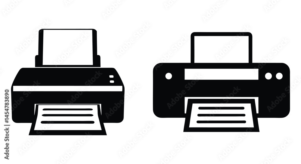 Minimalist Black and White Printer Icons – Vector Illustration of Inkjet and Laser Office Equipment Minimalist Black and White Printer Icons – Vector Illustration of Inkjet and Laser Office Equipment