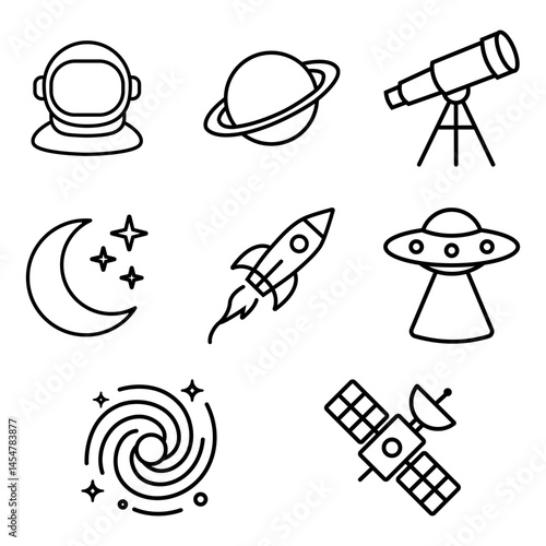 A cohesive set of minimalist black-and-white line icons representing various elements of space and astronomy, including rockets, planets, telescopes, satellites, UFOs, astronaut helmets, crescent moon